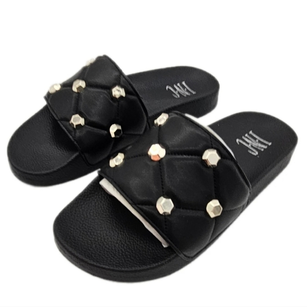 INC Womens Slide Sandals Quilted Peymin Faux Leather Round Toe Slip On Black 6 M